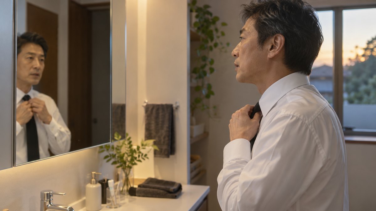夕方、自宅の洗面所の鏡の前で、喪服の白いシャツ姿の50代の男性が黒いネクタイを締めながら、小さく口を動かしている横顔。鏡には顔が小さく映る。文字は無い