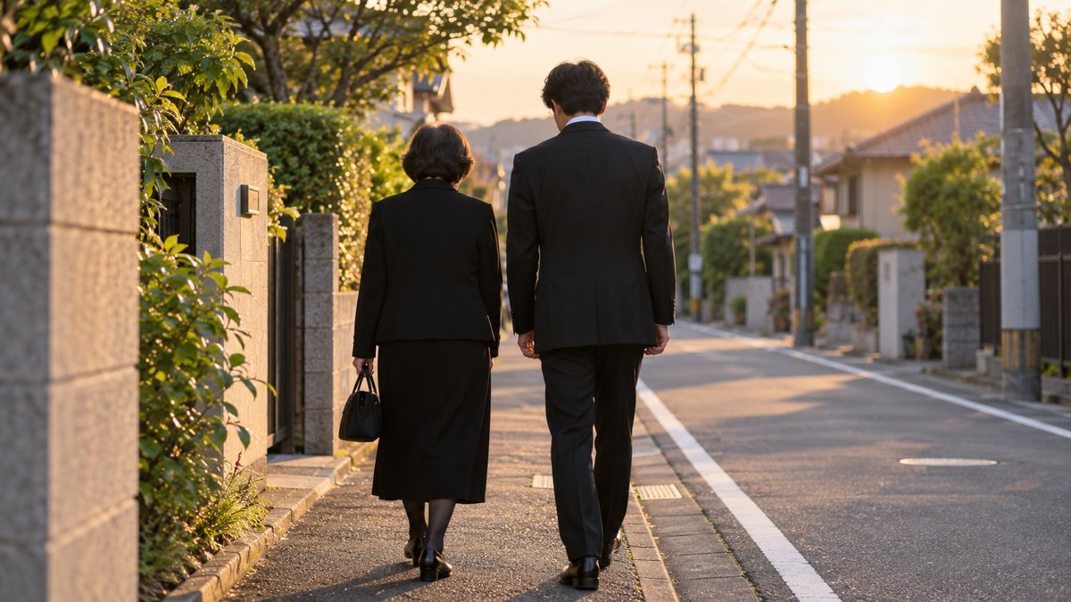 夕方、斎場からの帰り道の住宅街の歩道を、喪服の60代の母親と30代の息子が並んでゆっくり歩いていく後ろ姿。電柱や表札の文字は読めない