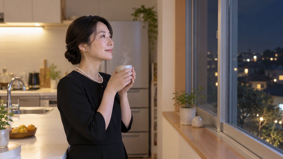 夜、自宅の明るいキッチンで、喪服の上着を脱いだ40代の女性が、湯気の立つ湯のみを両手で持ち、ほっとした表情で窓の外を見ている横顔