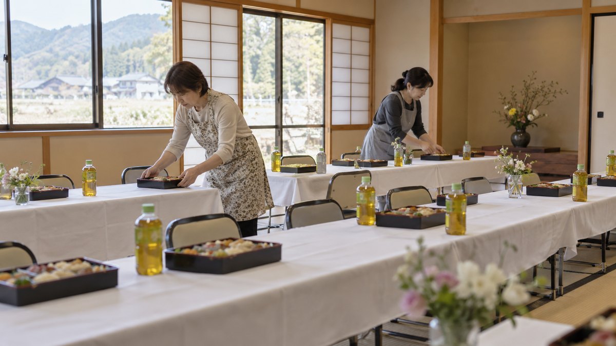 昼、地方の公民館の和室で、白いクロスをかけた長机に、50代の女性2人が仕出しの弁当とお茶のペットボトルを静かに並べている。顔は小さく写る。文字は無い
