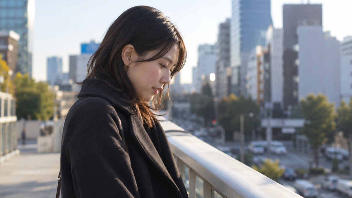 朝、街なかの歩道橋の上で、黒いコートを着た30代の女性が手すりの近くに立ち止まり、目を伏せて小さく口を動かしている横顔。看板の文字は読めない