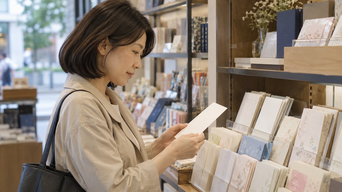 曇りの昼、街の文具店の売り場で、40代の女性が白い無地の一筆箋を手に取り、静かに選んでいる手元と横顔。商品や値札の文字は読めない