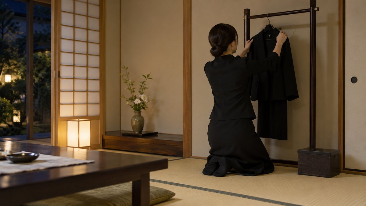夜、実家の客間で、喪服の30代の女性が畳に膝をつき、壁ぎわの衣紋掛けに黒い喪服の上着を掛けている後ろ姿。部屋に写真立て・仏壇・遺影は無い