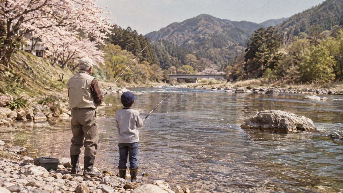 春の昼、川原の浅瀬で、70代の男性と小学生の男の子が並んで釣り竿を持ち、水面を見つめている後ろ姿。少し古い写真のような色合い。文字は無い