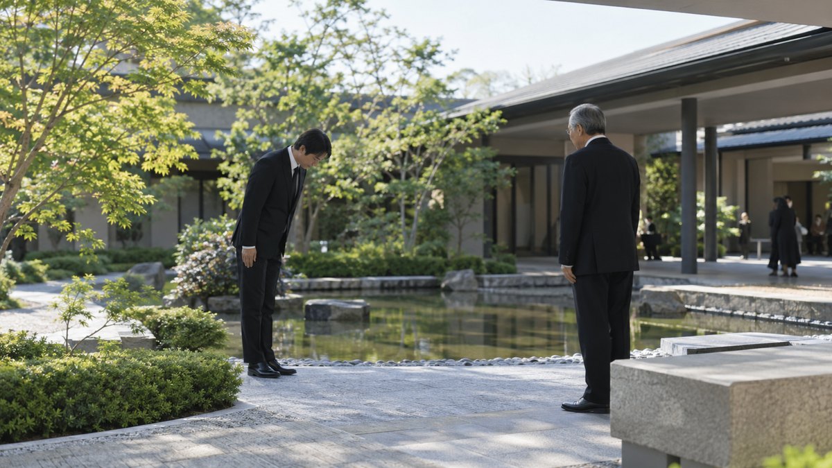 昼、斎場の中庭の小さな池のほとりで、喪服の30代の男性が年配の男性に軽く会釈している。顔は小さく写る。建物の文字は読めない