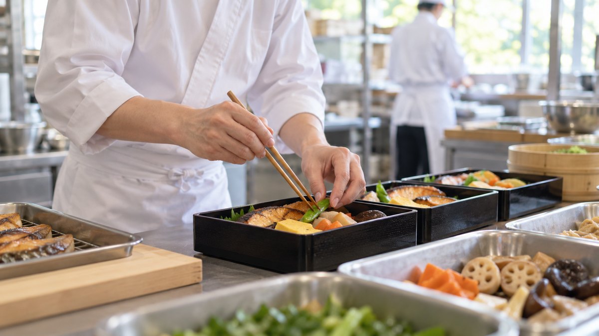 朝、仕出し屋の明るい調理場で、白衣の職人が黒い弁当箱に煮物や焼き魚を静かに詰めている手元。顔は写らない。文字は無い