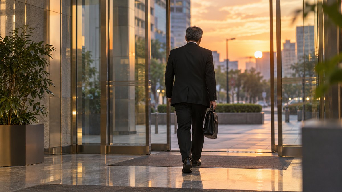 夕方、会社のビルのエントランスを、黒いかばんを持った喪服の50代の男性が足早に出ていく後ろ姿。ガラス扉の外は夕焼け。社名や看板の文字は読めない