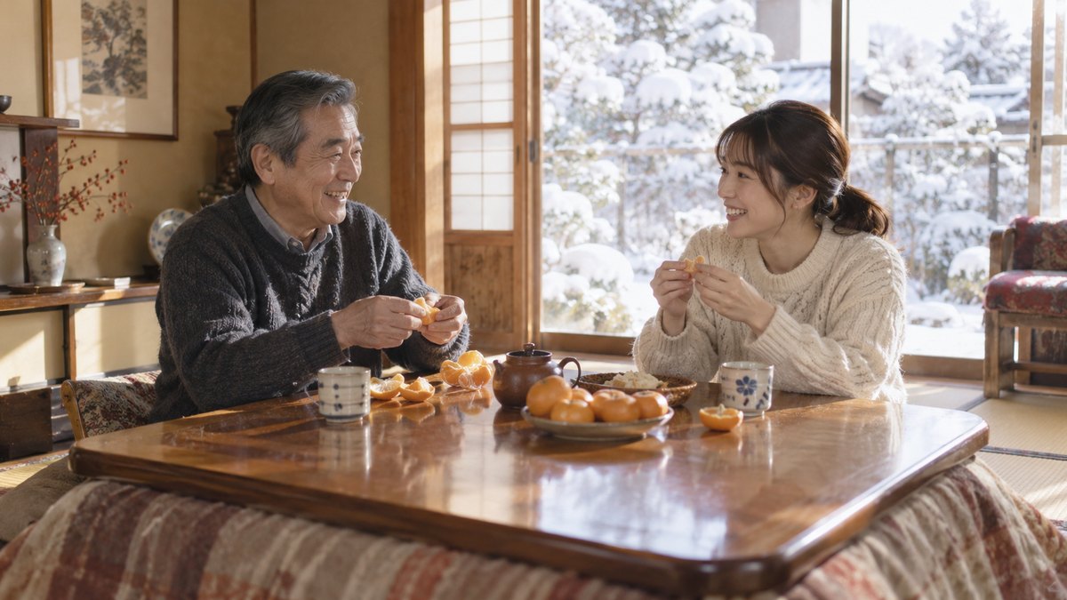 冬の昼、実家の明るい居間の掘りごたつで、60代の男性と30代の娘が向かい合い、みかんを手に笑って話している。少し古い写真のような色合い