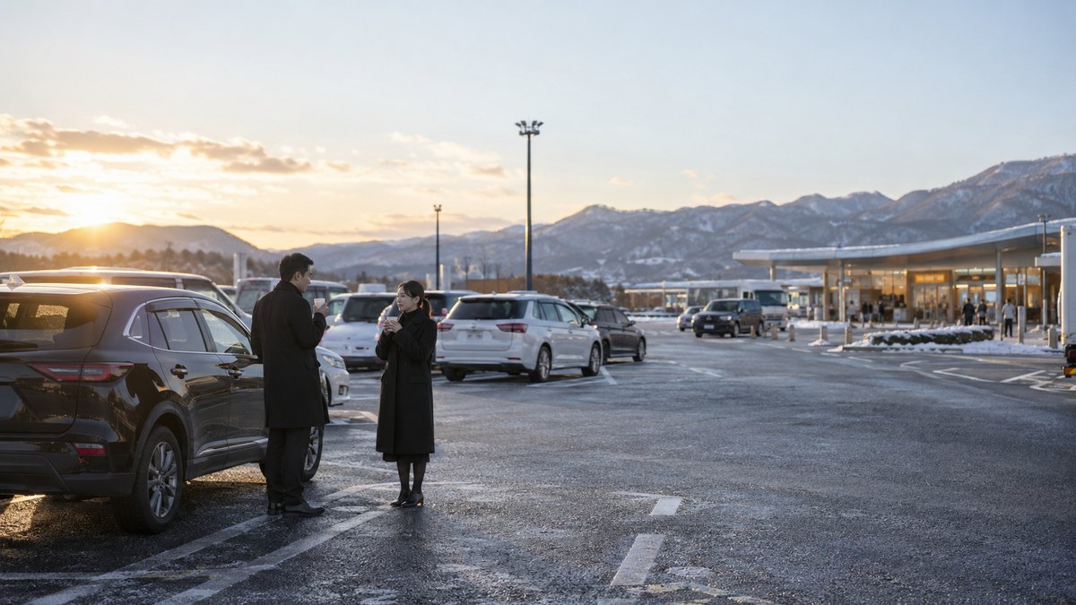 冬の朝、高速道路のサービスエリアの駐車場で、喪服に黒いコートを着た30代の夫婦が車の横に立ち、温かい缶の飲み物を手に少し話している。顔は小さく写る。看板や車の文字は読めない