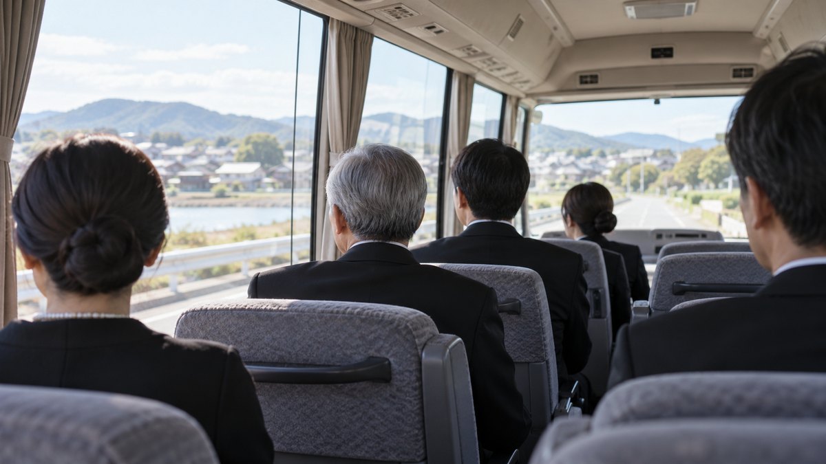 昼、斎場の送迎用の小型バスの車内で、喪服の親族数人が座席に座り、窓の外を静かに見ている後ろ姿。運転手や車内の文字は写らない