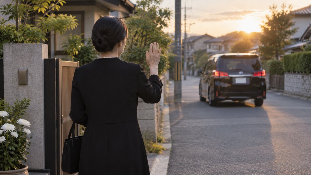 夕方、住宅街の一軒家の門の前で、喪服の40代の女性が、走り去る親戚の車に小さく手を振って見送っている後ろ姿。車のナンバーや表札の文字は読めない
