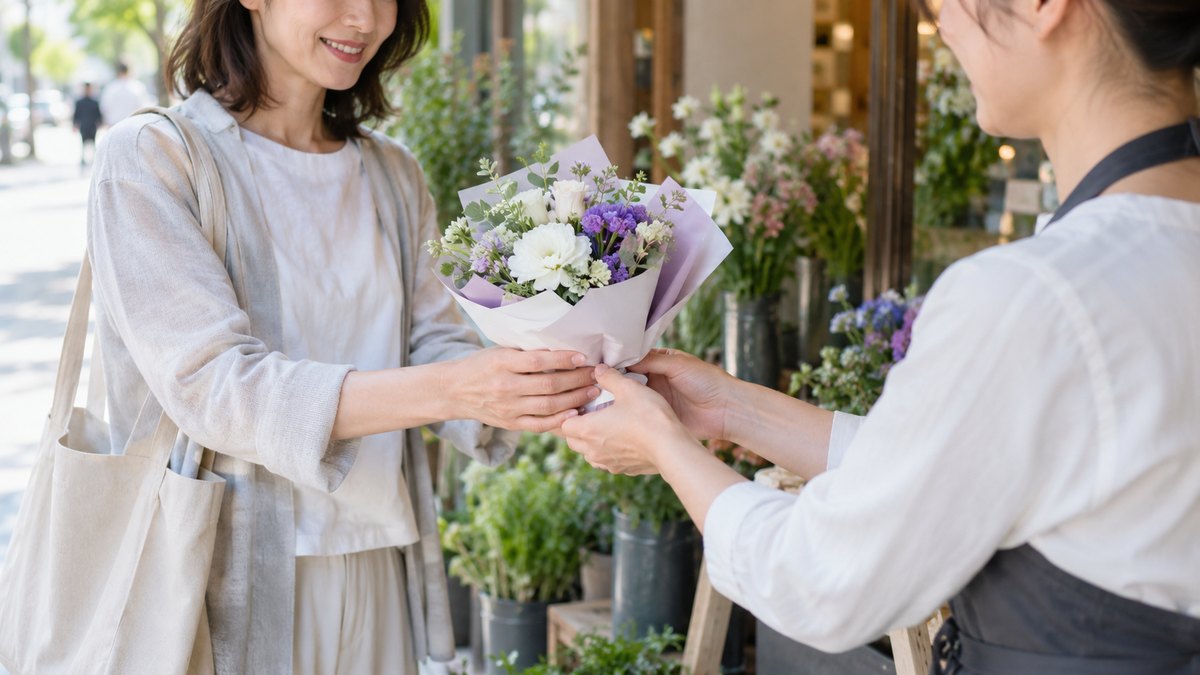 朝、街の花屋の店先で、普段着の40代の女性が、白と淡い紫の花でまとめた小さな花束を店員から両手で受け取っている手元。顔は小さく写る。値札や看板の文字は読めない