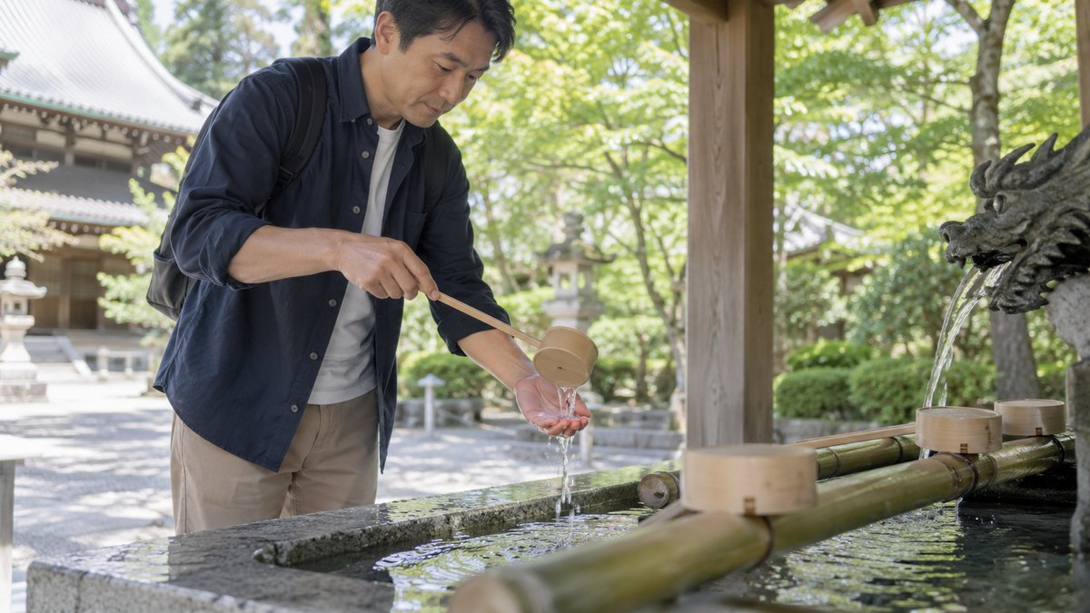 初夏の昼、寺の境内の手水舎で、普段着の40代の男性がひしゃくで静かに手を清めている手元。顔は小さく写る。文字は無い