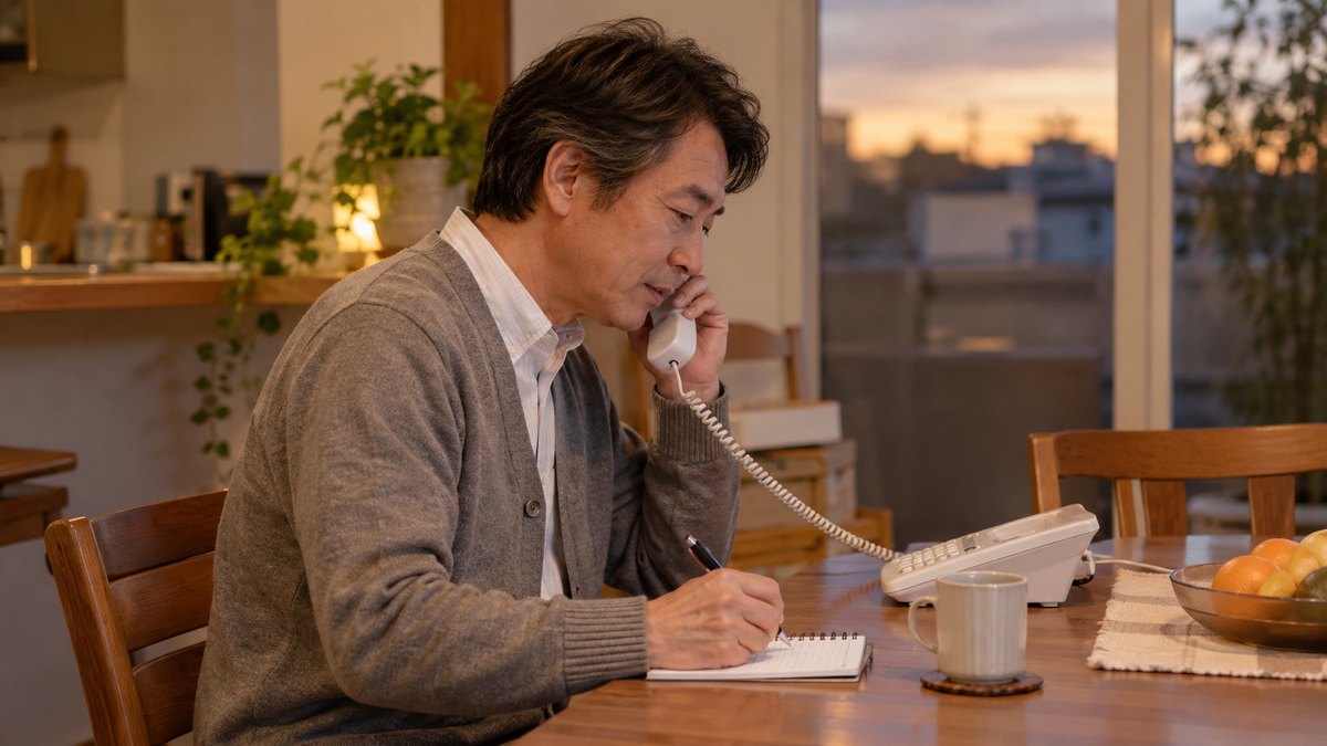 夕方、自宅のダイニングで、カーディガン姿の50代の男性が固定電話の受話器を耳に当て、もう片方の手で卓上の小さなメモ帳に書き込んでいる横顔。部屋に写真立て・額・仏壇は無い。メモの文字は読めない