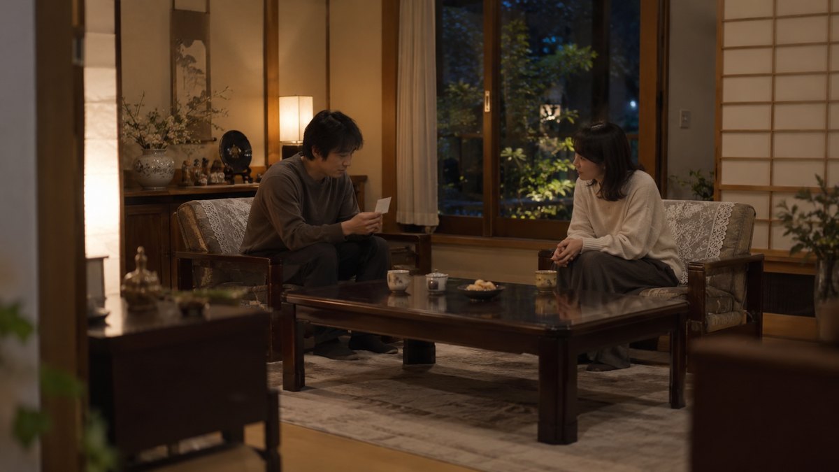 夜、実家の客間で、普段着の30代の男性が小さなメモを持って座ったまま小声で読み、向かいに座った姉がうなずきながら聞いている。顔は小さく写る。メモの文字は読めない