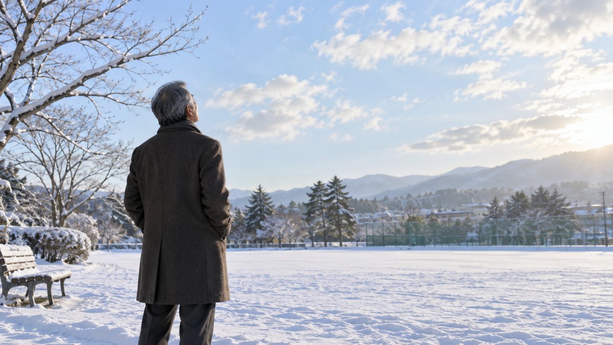 冬の朝、雪の積もった公園のグラウンドの端で、コート姿の60代の男性が一人で立ち、空を見上げてゆっくり息を吸っている後ろ姿。文字は無い