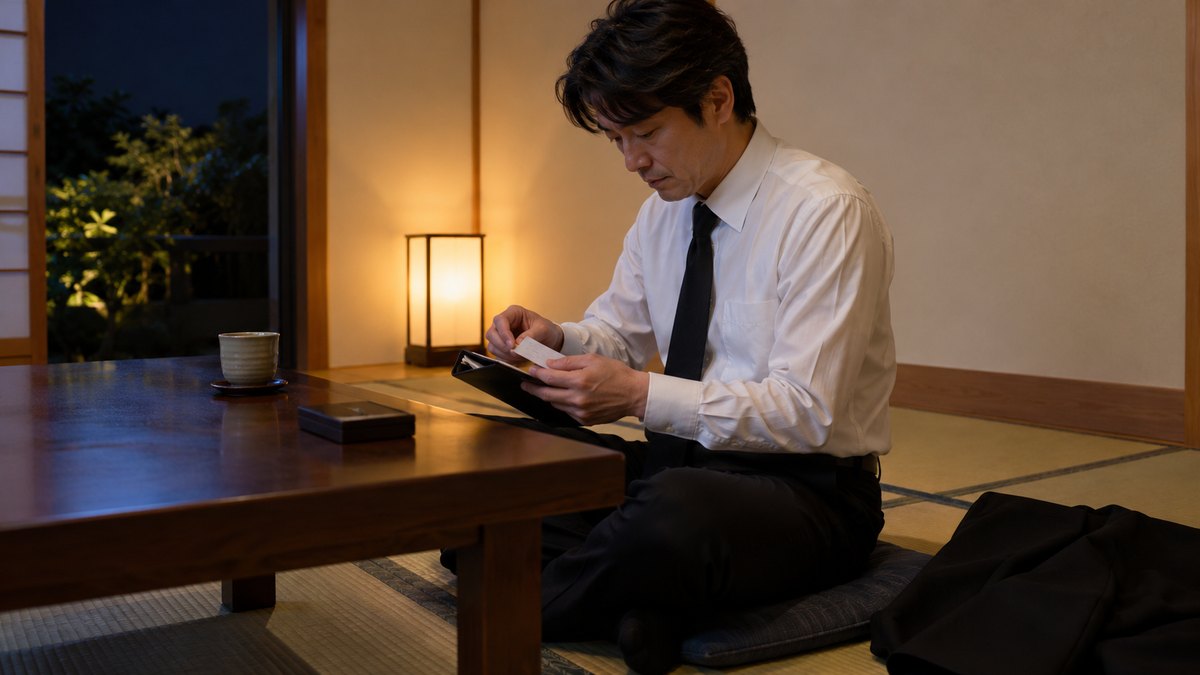 夜、自宅の和室で、喪服の上着を脱いだ40代の男性が座布団に座り、小さなメモを折りたたんで手帳に挟んでいる手元と横顔。部屋に写真立て・額・遺影・仏壇・花は無く、壁は無地。メモの文字は読めない