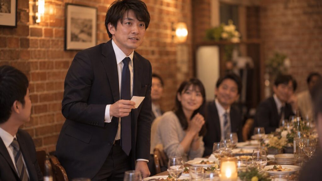 夜、レンガの壁のレストランの宴会で、急に名前を呼ばれた男性が小さなメモを握って立ち上がりかけている