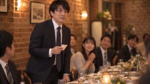 夜、レンガの壁のレストランの宴会で、急に名前を呼ばれた男性が小さなメモを握って立ち上がりかけている