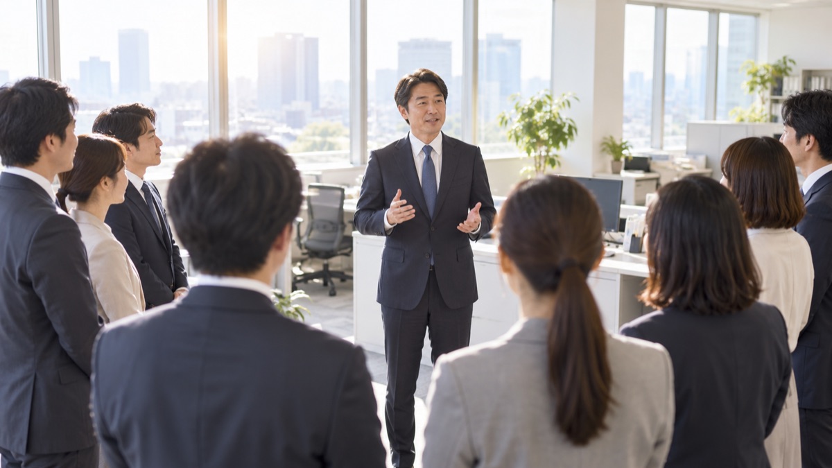 朝の事務所で並んだ社員の前に立ち短く話す男性社員