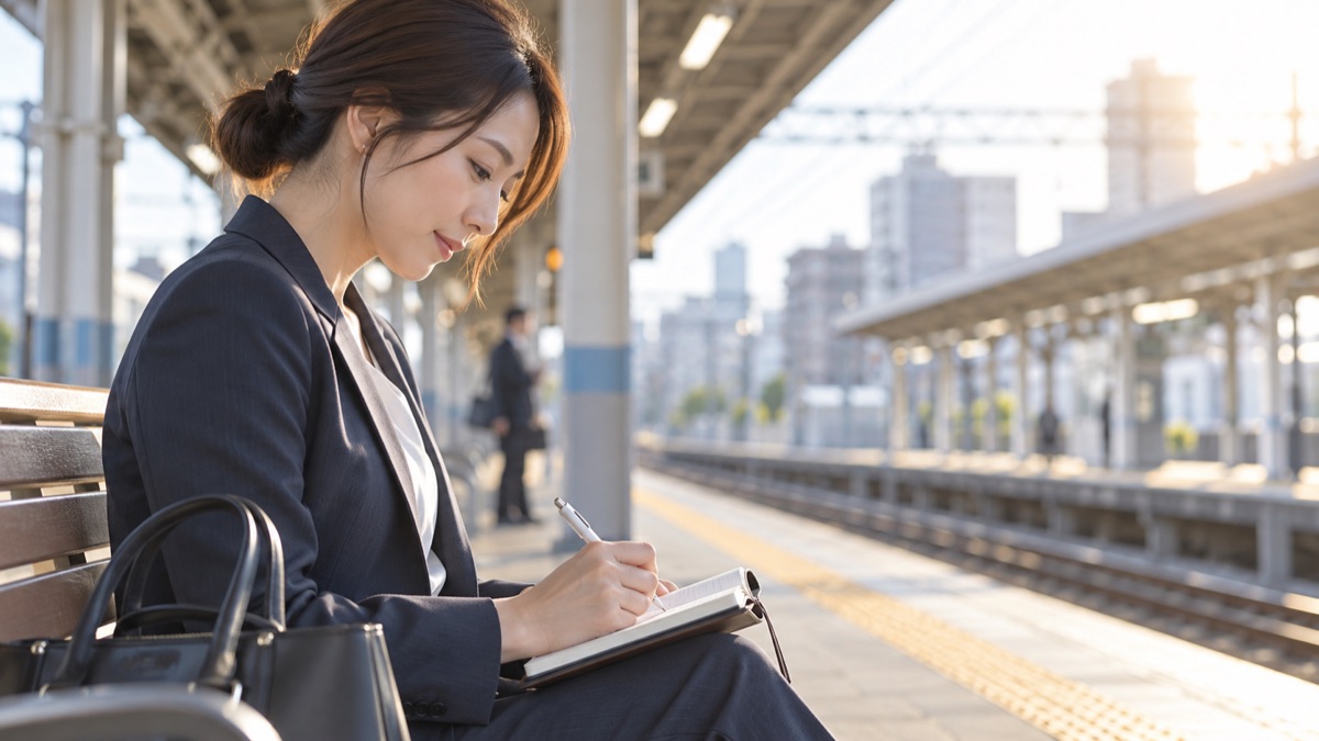 駅のホームのベンチで手帳に3行書き出す女性会社員
