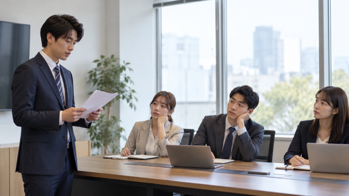 会議室で原稿に目を落としたまま話す若手社員と聞いている同僚