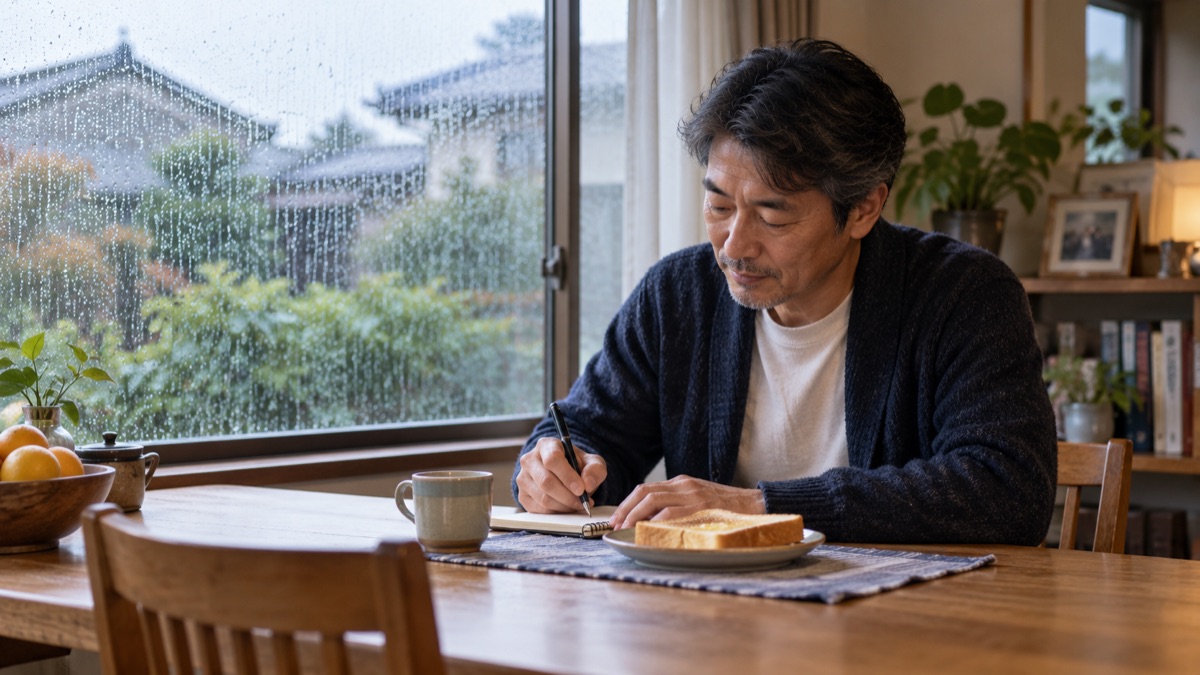 自宅の朝の食卓で窓の外の雨を見ながらメモを書く男性