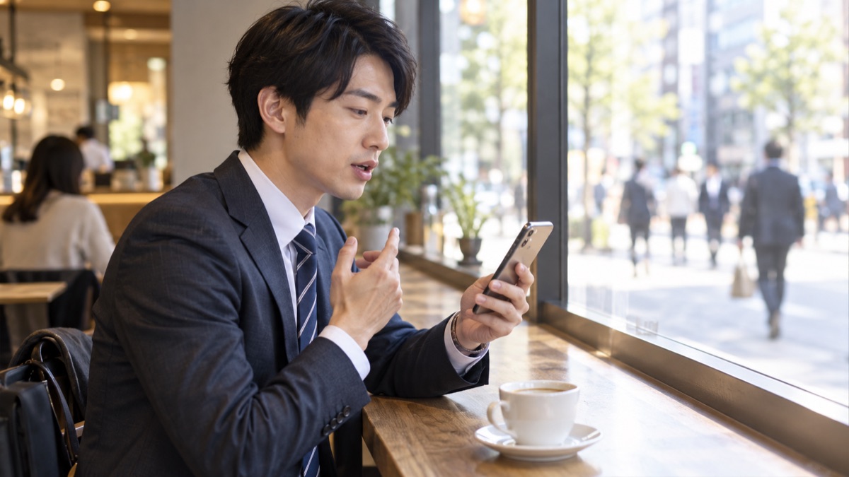 カフェの窓際でスマホのメモを見ながら話す練習をする男性会社員