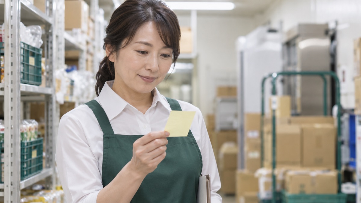 スーパーのバックヤードで付箋のメモを見てうなずく女性店員