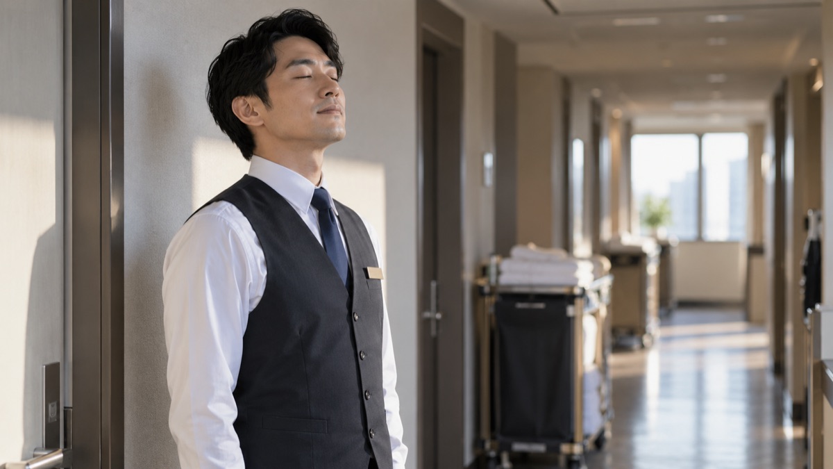 ホテルの従業員用廊下で息を整えて背筋を伸ばす男性スタッフ