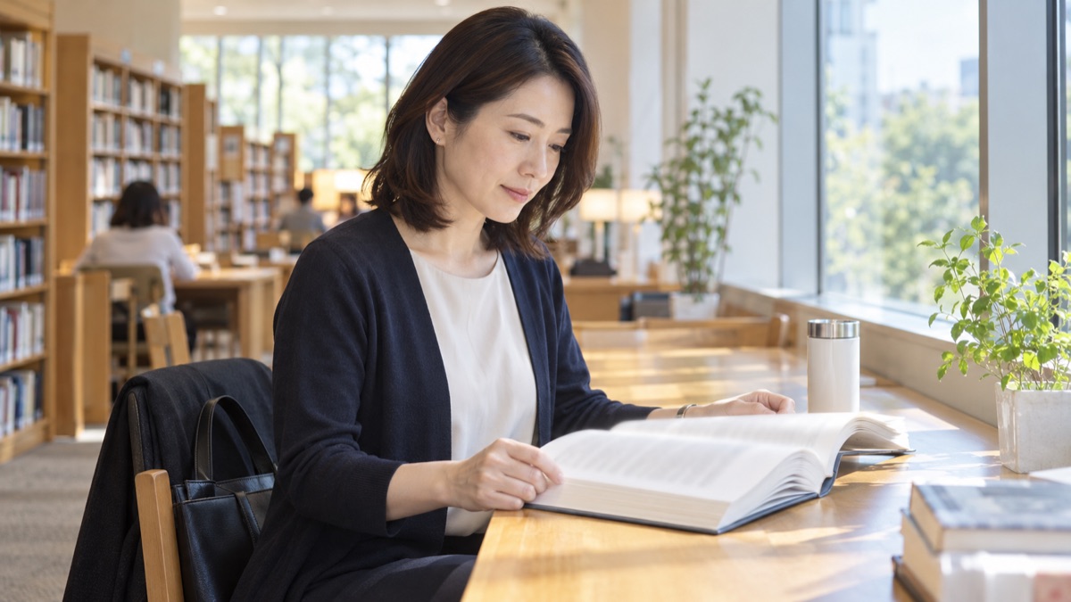 図書館の窓際で心理学の本を読む女性会社員
