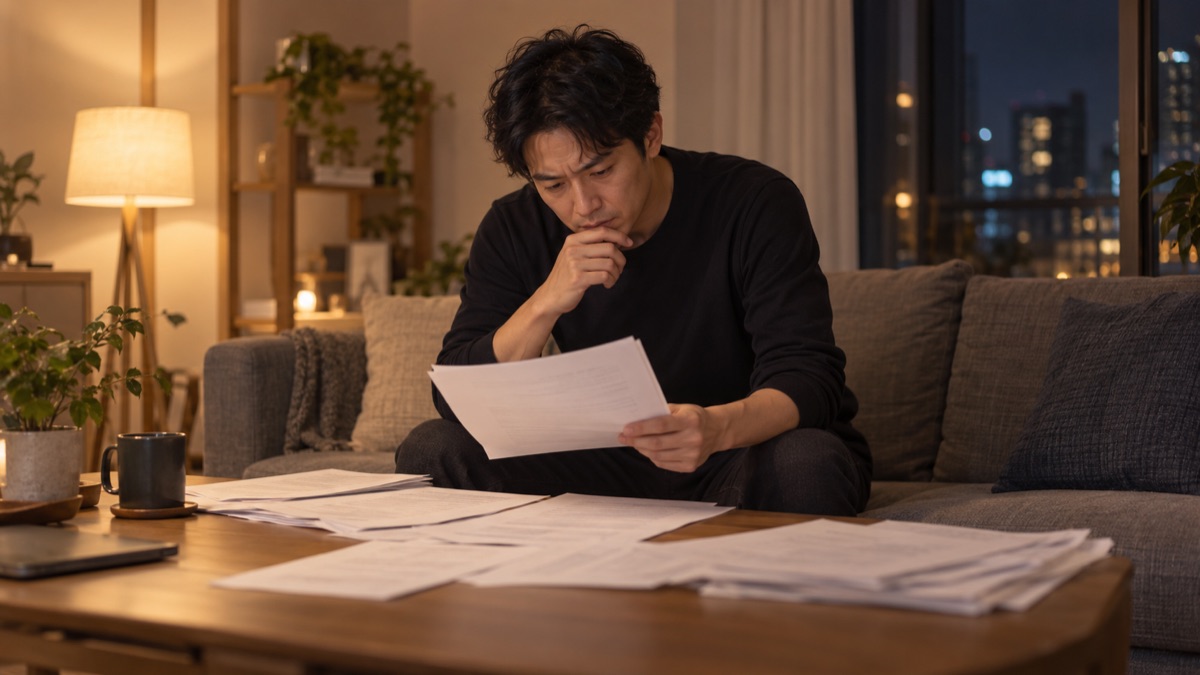 夜のリビングで原稿を何枚も広げて覚えようとする男性