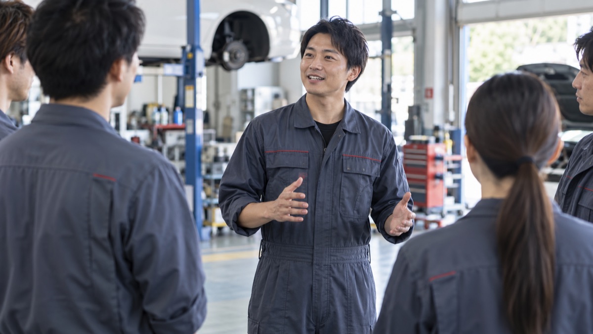 整備工場の朝礼で顔を上げてはっきり話す整備士