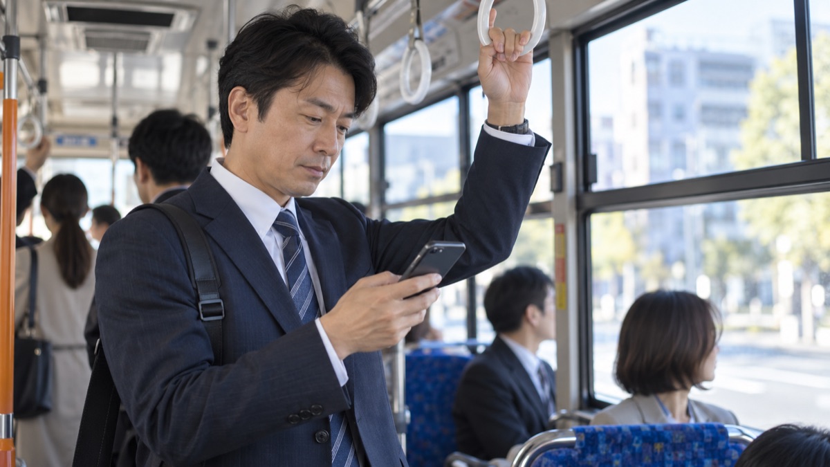 朝のバスの車内でスマホのメモに一行書き込む男性会社員