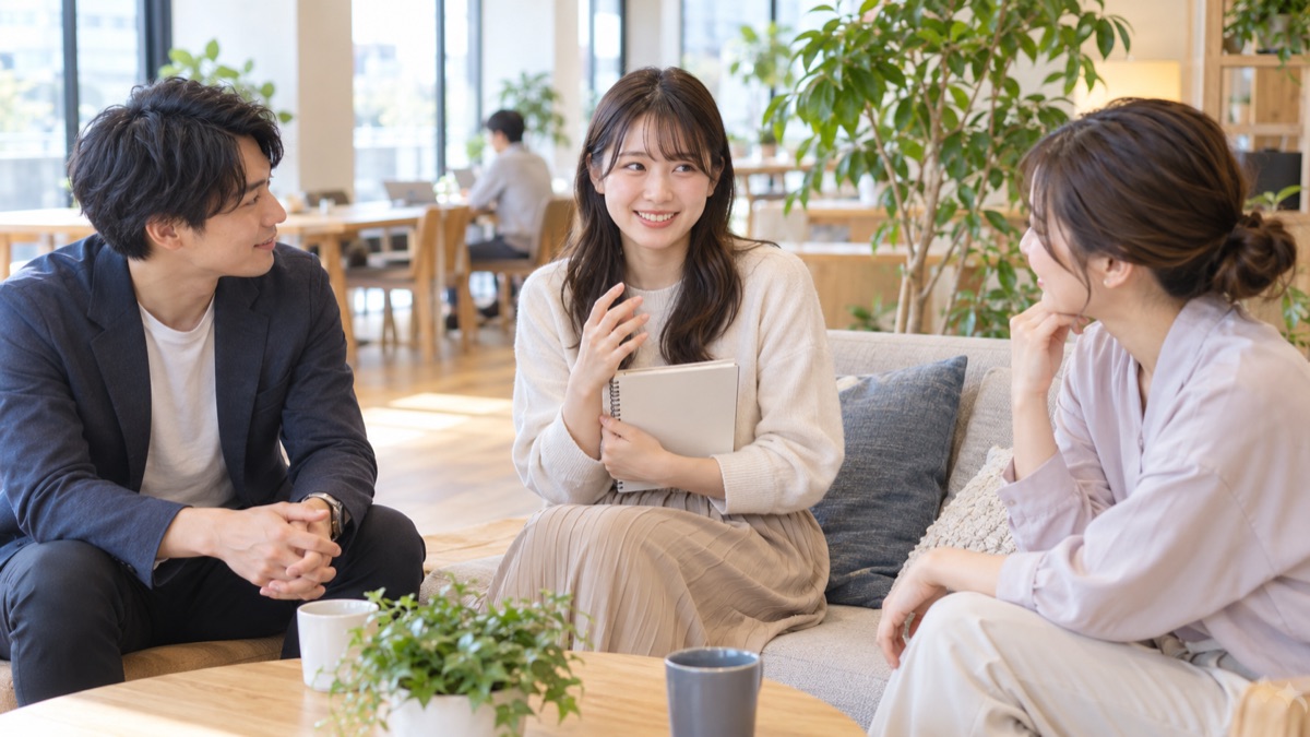 コワーキングスペースで照れ笑いしながら話す女性とうなずく同僚