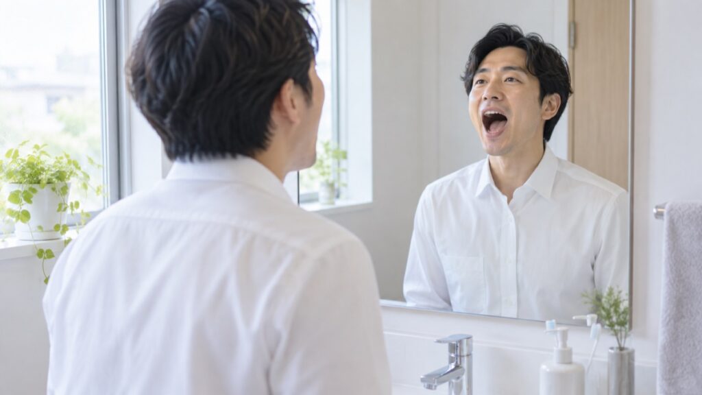 朝の洗面所で鏡に向かい、口を大きく開けて発声練習をする男性