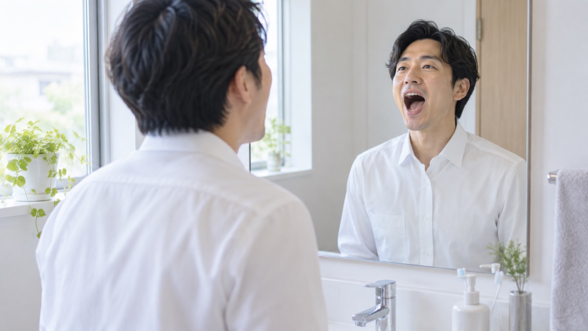 朝の洗面所で鏡に向かい、口を大きく開けて発声練習をする男性