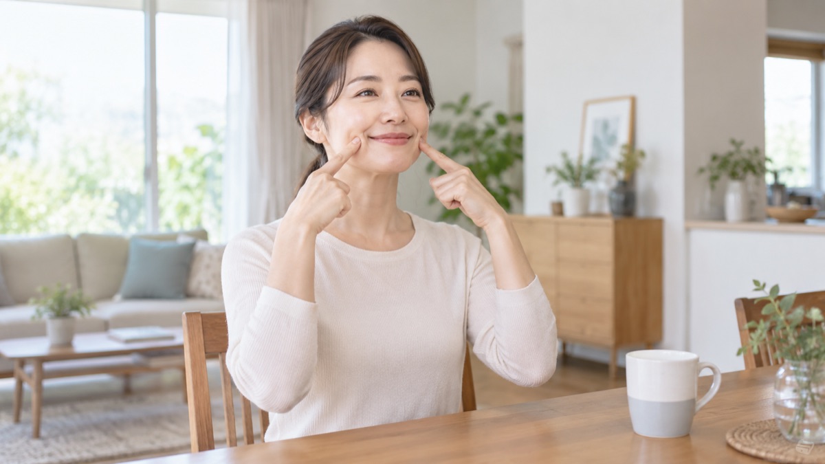 リビングの椅子に座り、口角を横に引いて表情筋を動かす女性