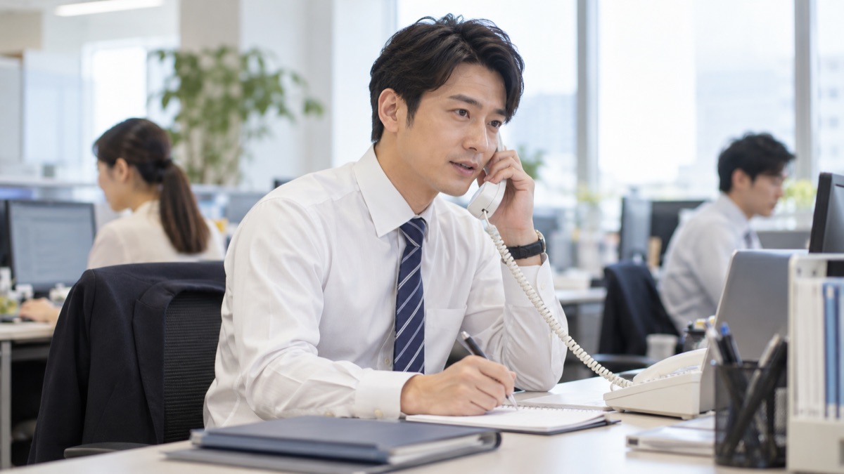 オフィスの自席で受話器を持ち、丁寧に言い直しながら話す男性
