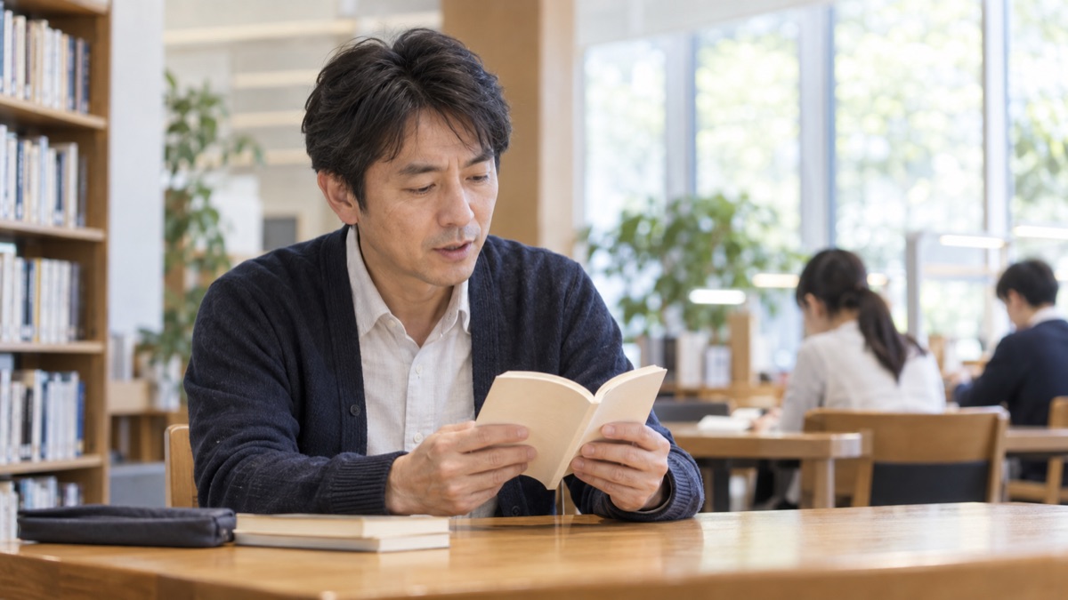 図書館の自習スペースで文庫本を持ち、小声で音読する男性