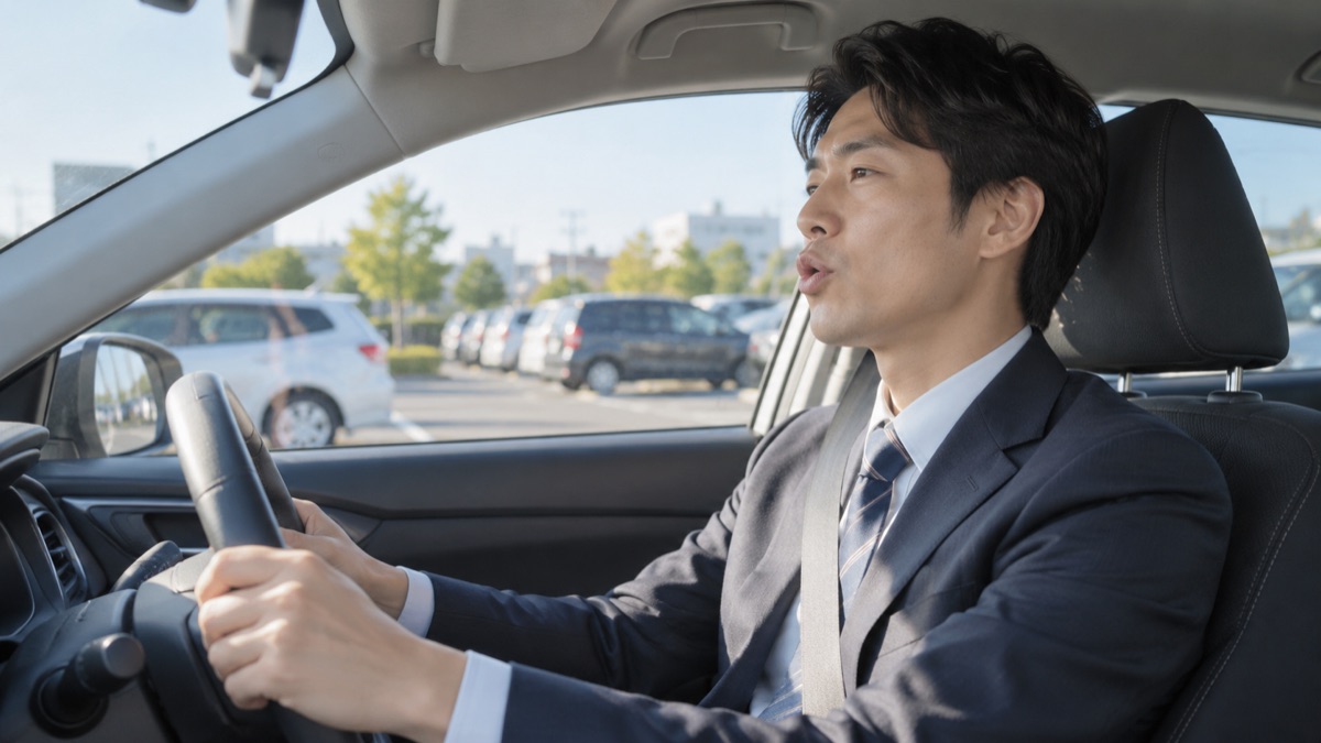 停車中の車の運転席で、口を動かして発音を練習する男性