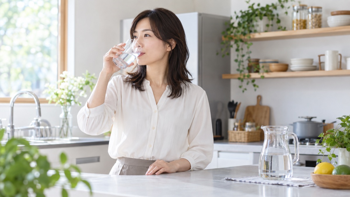 キッチンでコップの水を一口飲む女性
