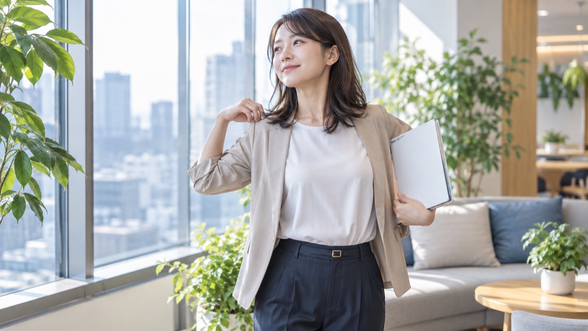 休憩スペースの窓際で資料を抱え、肩を回して体をほぐす女性