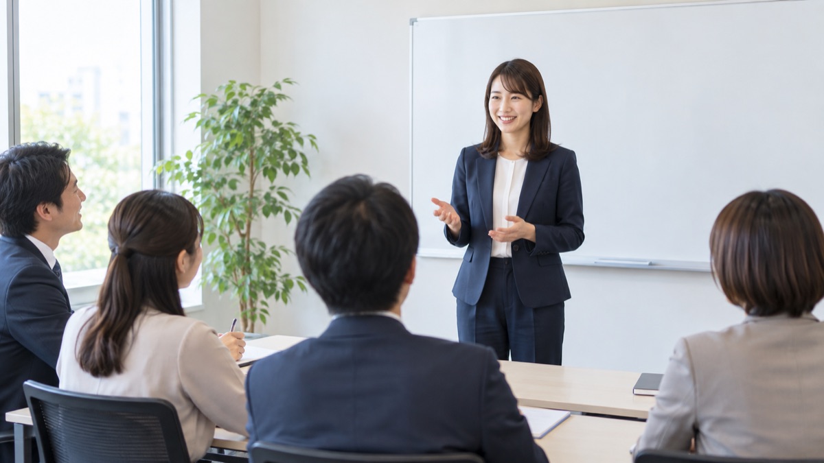 研修室で前に立って話す女性と、うなずいて聞く同僚たち