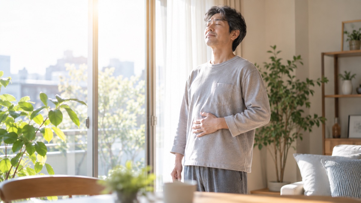 窓辺でお腹に手を当て、ゆっくり息を吐く男性