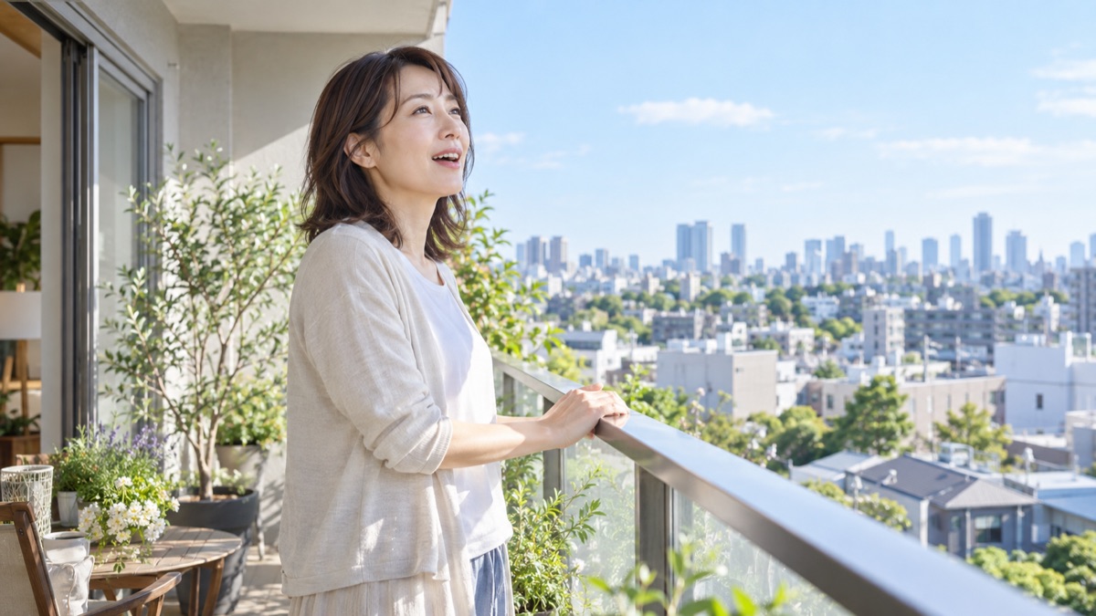朝のベランダで肩の力を抜き、小さく声を出す女性