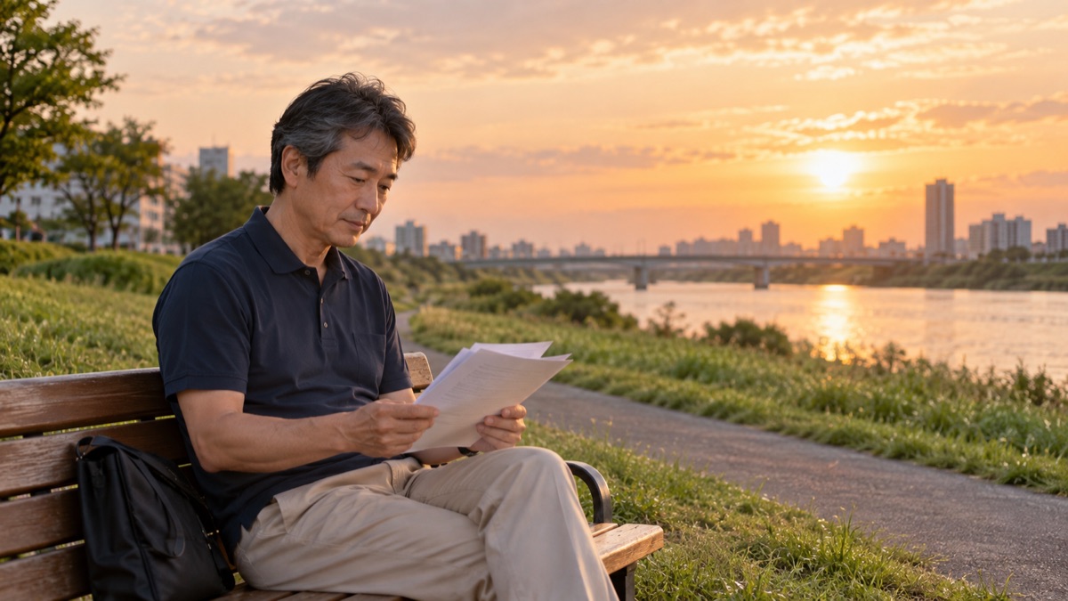 夕方の河川敷のベンチで紙を手に、小さな声で読み上げる男性