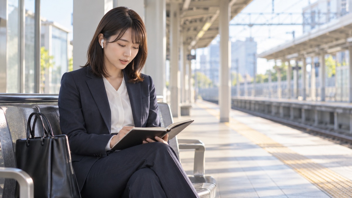 駅のホームのベンチで手帳を見ながら、小さく口を動かす女性