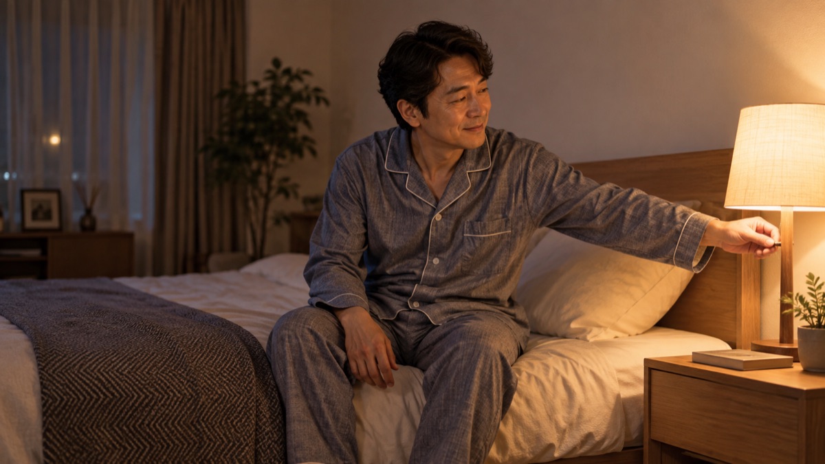 夜の寝室でベッドのそばのライトを消して休もうとする男性
