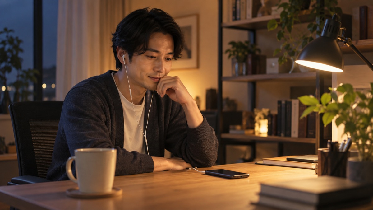 夜のデスクでスマートフォンの録音をイヤホンで聞き返す男性
